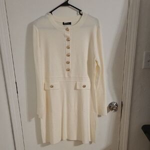 Chic Cream Long Sleeve Dress with Gold Accents